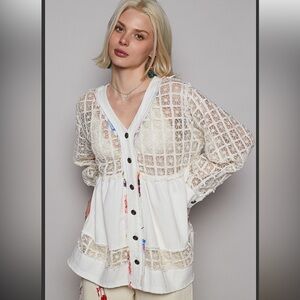 338 🇺🇸POL off white roomy fit top in cotton twill contrast lace panel jacket